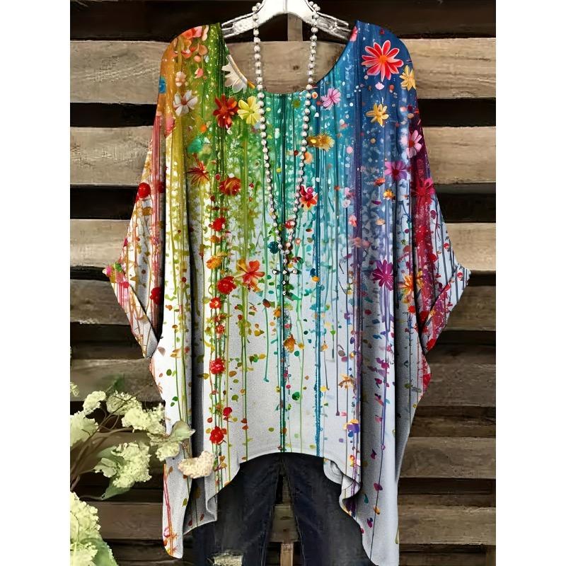 Women's T-Shirt Vintage Floral Pattern Printed Asymmetrical Hem O-Neck Short Sleeve Top Casual Fashion Street Outdoor Tops