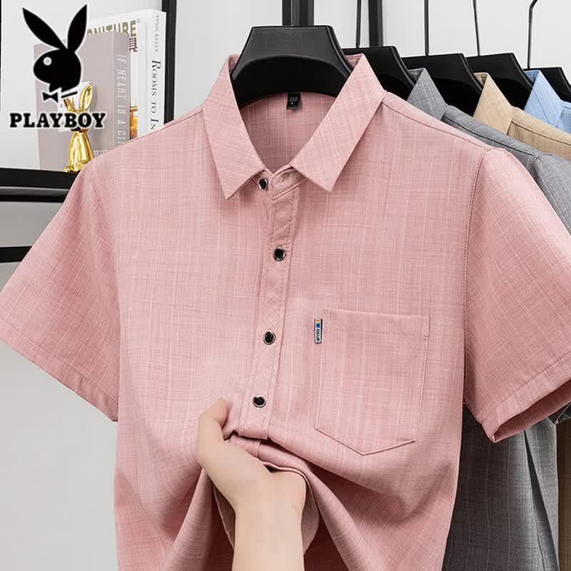 PLAYBOY Men's Summer Cotton-Linen Blend Short-Sleeve Shirt