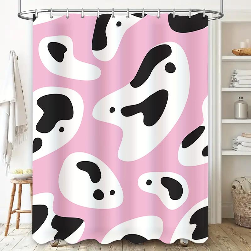 Patterned Bath Shower Curtain with Black White Cow Print Pink Background Waterproof Fabric for Bathroom Decorations (128 Charact