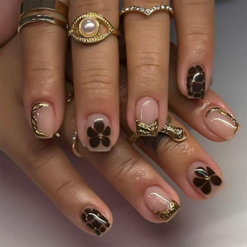 24pcs Metallic Irregular Flowers False Nails French Press On Nails New Fake Nails  Women Girls