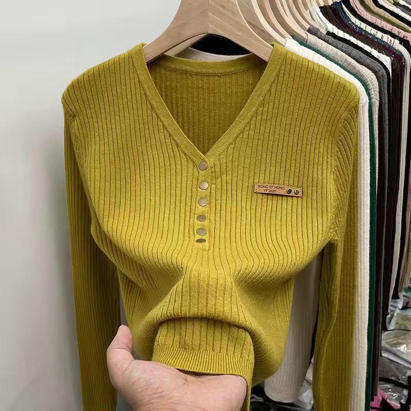 Fashion Plus Velvet Padded Sweater All Match Casual Knit Bottoming Shirt Women Autumn Winter Elegant Slim V-neck Tops