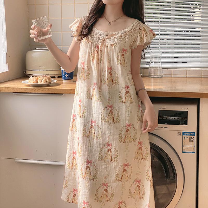 Vernis summer new cotton breathable nightdress sweet print pattern loungewear pajamas women can wear outside