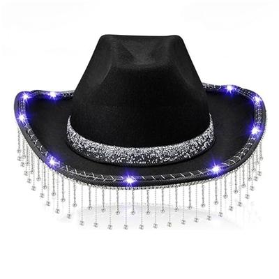 Rhinestones Fringed Cowboy Hat for Women Breathable Wide Brims Beach Hat Music Festival LED Hats Bachelorettes Party Hat