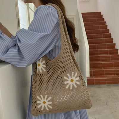 Large Capacity Crochet Tote Bag Flowers Pattern Hollow Shoulder Bag Beach Knitting Bag  Commuting