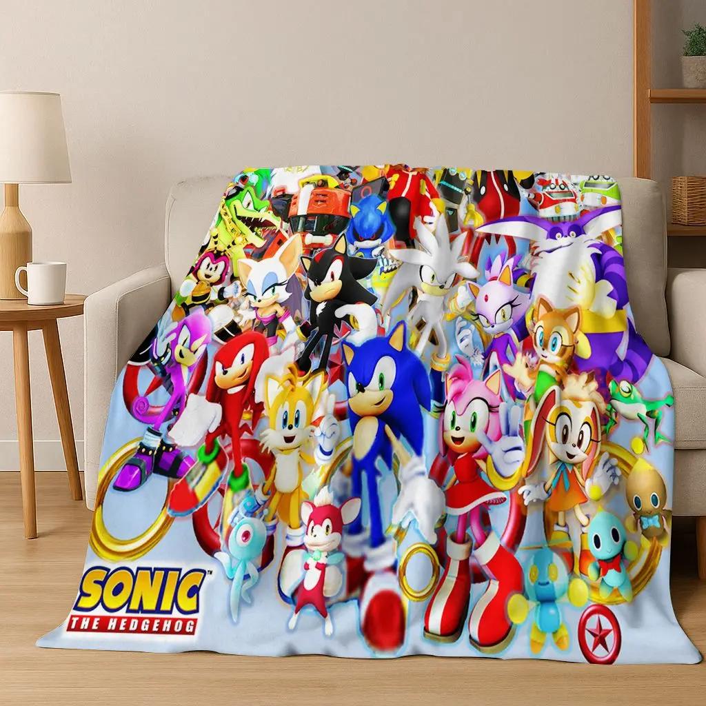 Classic S-Sonic Game Cartoon Hedgehog Flannel Blanket Soft Warm Throw Blanket for Bed Bedroom Room Living Room Travel Picnic Kid