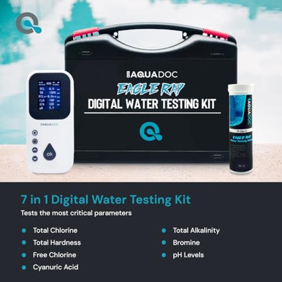 Eagle Ray Digital Pool Water Test Kit with Digital Water Tester and 30 Test Strips for Chlorine Bromine Total Hardness Cyanuric
