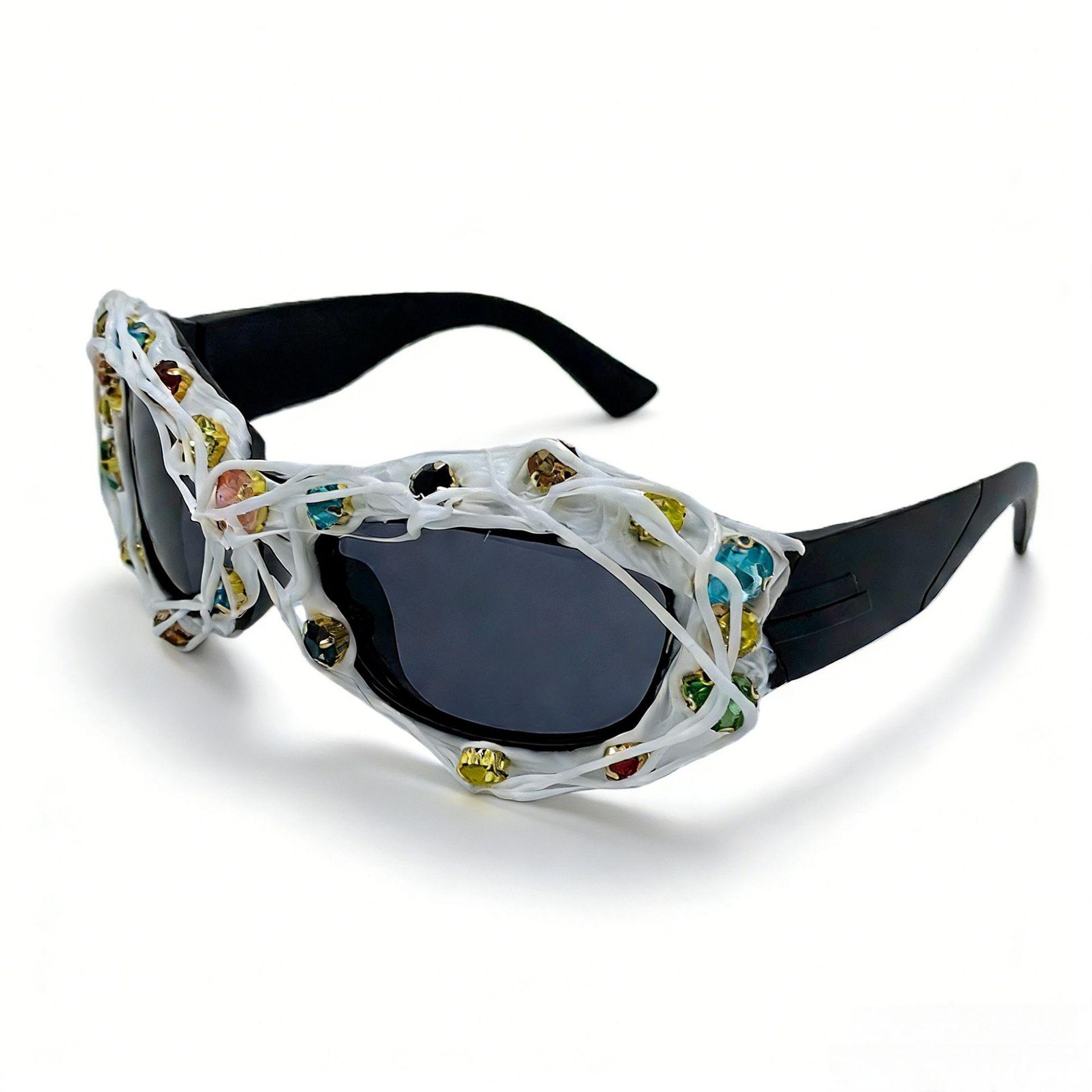 Y2K Futuristic Wrapped Wire Sunglasses Colorful Rhinestone Punk Shades Cyber Streetwear UV400 Trendy Party Glasses for Women белый