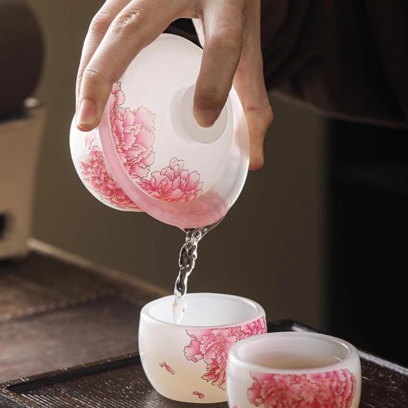 Pink Peony Kung Fu Tea Set Cover Bowl High-grade Anti-scalding Sancai Cover Bowl Light Luxury Tea Brewing Ware Teacup