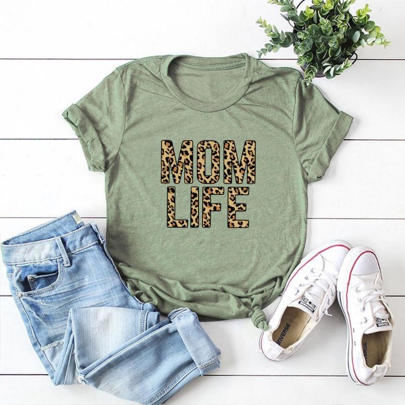 Summer Women's Leopard Print Creative Text MOM LIFE Print Loose Round Neck Short Sleeved Pure Cotton T-Shirts Women’s