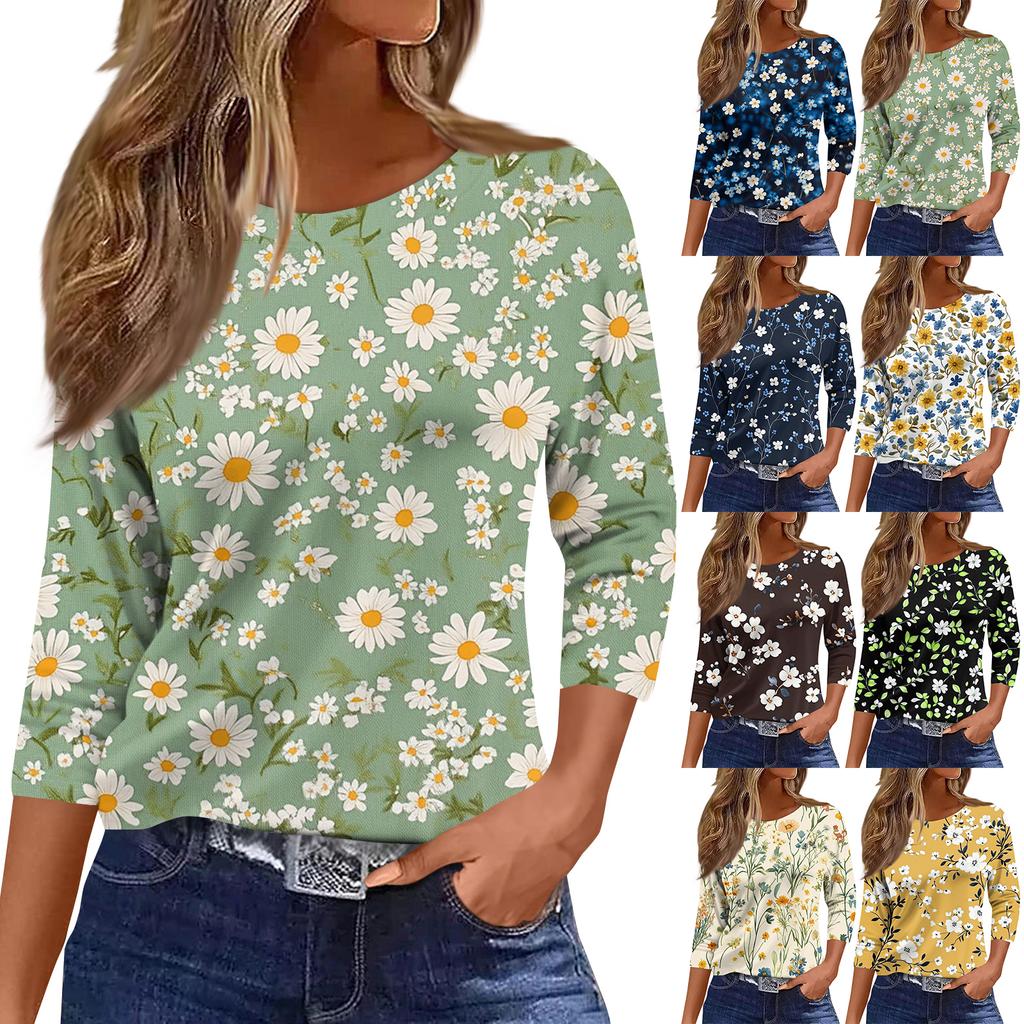 Women's Fashionable Casual Round Neck T-Shirt With Floral Print And Three-Quarter Sleeves