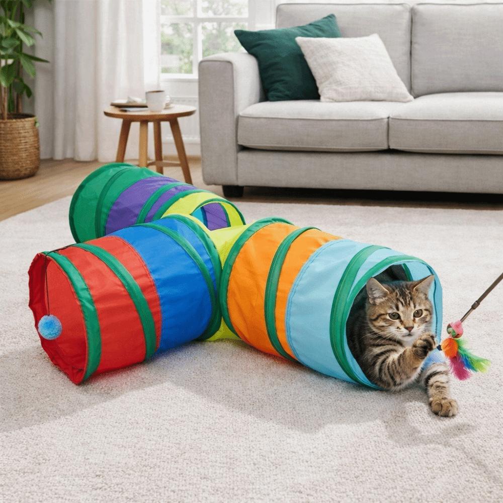 Colorful Folding Cat Tunnel Toys Interactive Pet Collapsible Tube Toy Cat Hiding Cave  Training