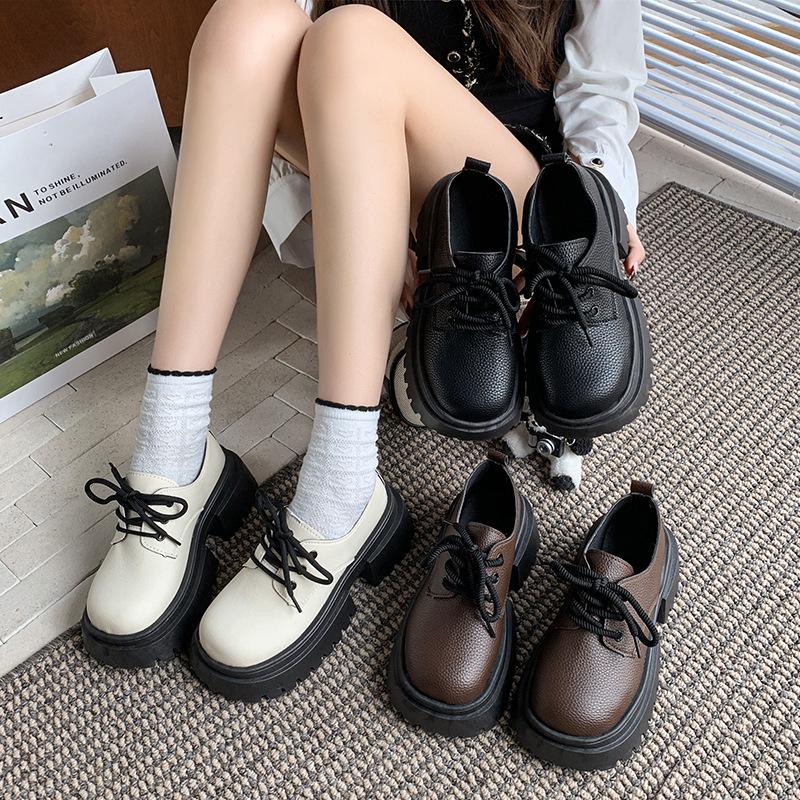 British Style Loafers Women's Spring New Baitie Fashion with Skirt Thick Sole Heightening Korean Version Lace-up Small Leather Shoes