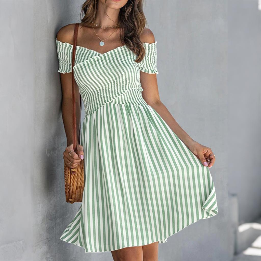 Women Off Shoulder Striped Dress Short Sleeve Casual A Line Dress with Elastic Waist and Flared Skirt for Summer Wear