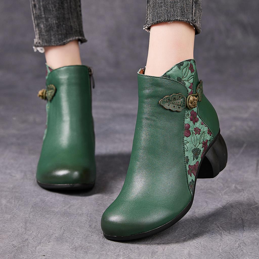 Fashion GKTINOO Genuine Leather Ankle Boots 2025 Winter New Ethnic Printed Women's Boots Soft Soles Thick Heels Mother's Leather Boots