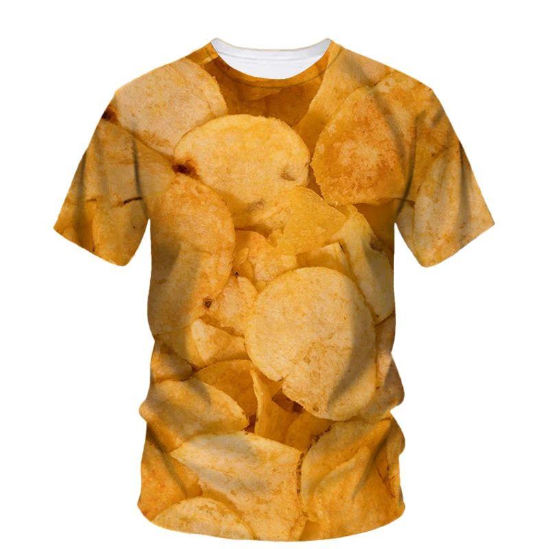 Summer Men Creative Personality Potato Chip Snack Pattern T-Shirt Fashion Interesting O Neck Short Sleeve Loose Plus Size Top