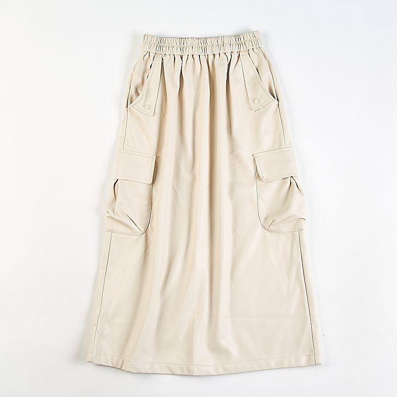 

Осень Зима Новая Универсальная Ретро Юбка из ПУ кожи Полудлины Множество Карманов для Стройнящей Юбки Средней Длины OneSize бежевый