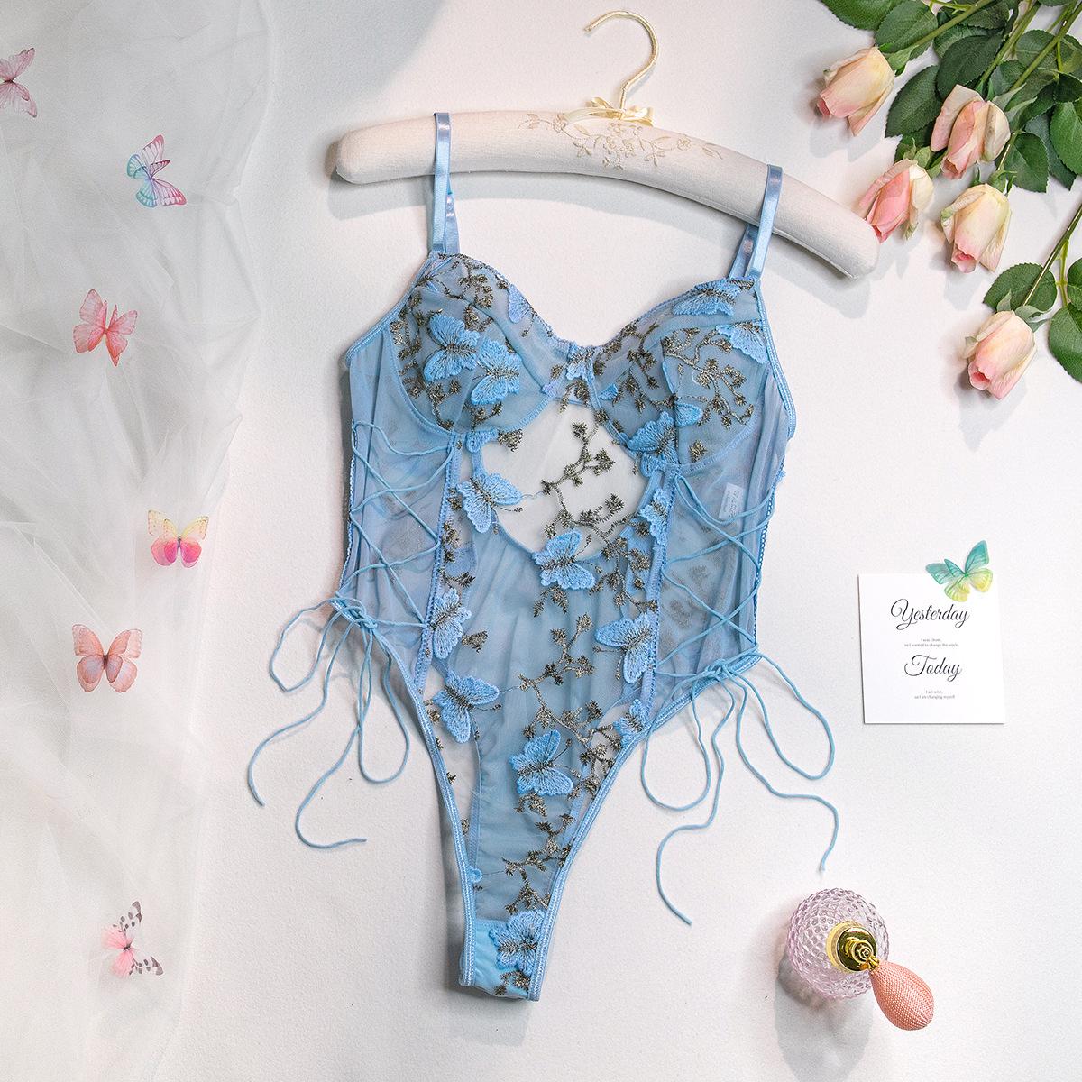 

European and American Women’s Sexy Lace Up Bodysuit Butterfly Embroidered Slim-Fit One-Piece Lingerie, Fashion Erotic Intimate Wear XL світло-синій колір
