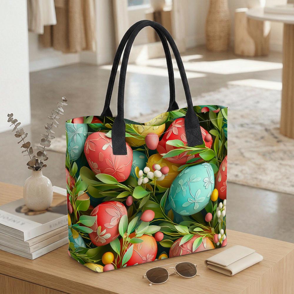 Easter Egg Print Tote Bag Casual Portable Large Capacity Shoulder Handbag for Holiday Shopping