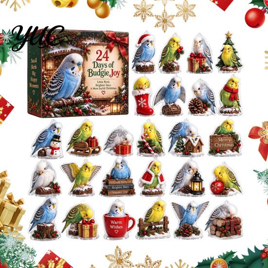 Adventní kalendář pro milovníky ptáků 24denní Vánoce 2026 s 24 mini ozdobami budgie ze stavebnic, Sváteční dekorace na stůl do domácnosti Sběratelská roztomilá figurka