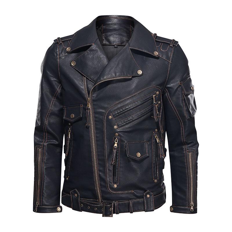 Men's Windproof PU Leather Jacket with Multiple Zippers - European & American Style Outerwear