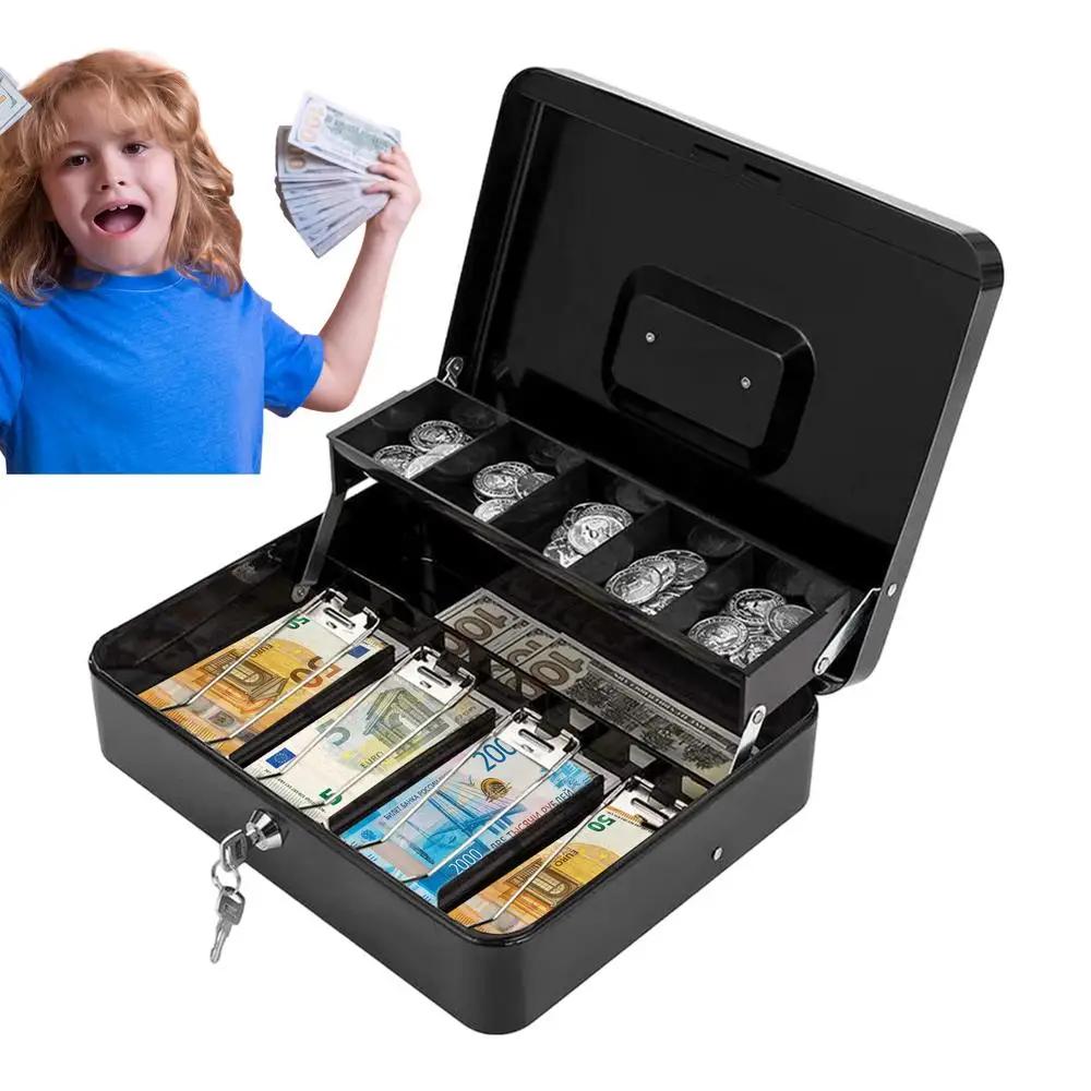 Money Box For Cash Saving Locking Cash Box With Money Tray Metal Money Saving Organizer 4 Bill/5 Coin Slots Cash Register Drawer