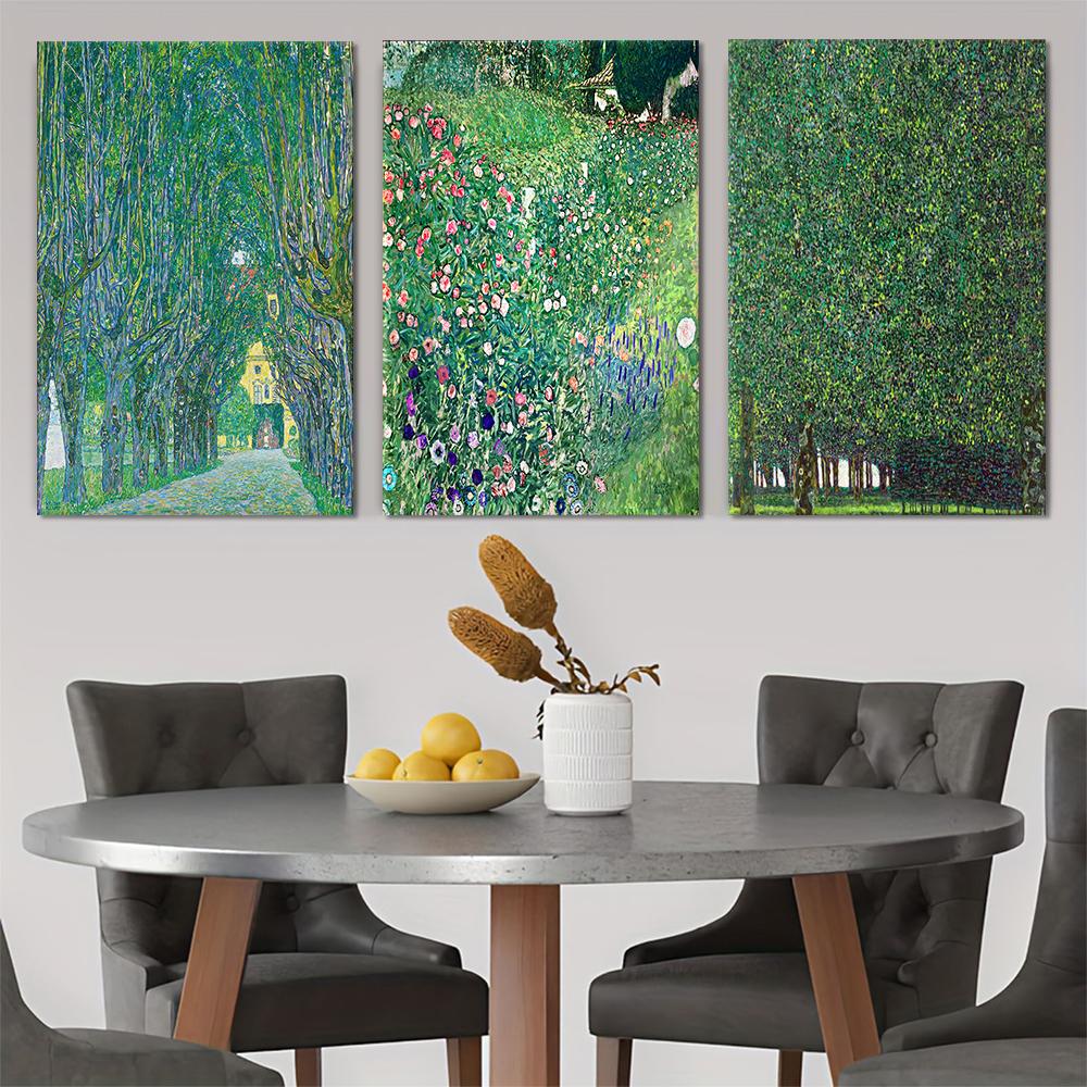 

3 reproductions of Klimt s famous paintings, Vienna Park, Greenway, European retro oil painting, living room foyer, bedroom deco (as the picture,20x30cm No Frame)