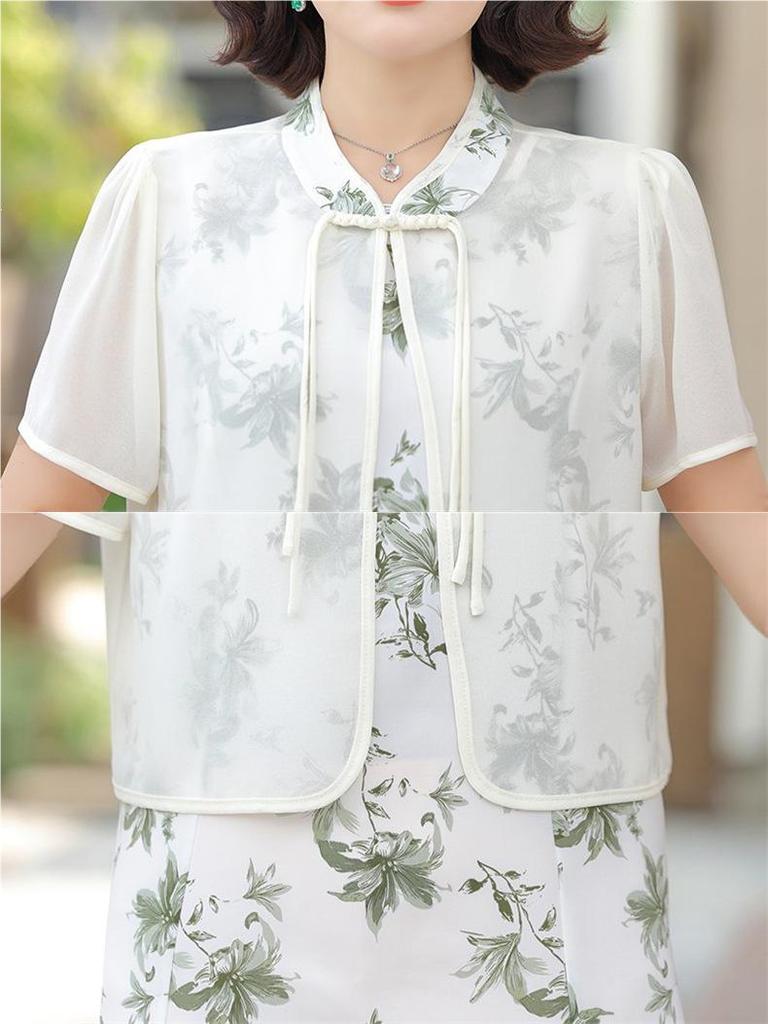Elegant Loose-Fit Chiffon Dress with Wide-Leg Skirt for Middle-Aged and Elderly Women