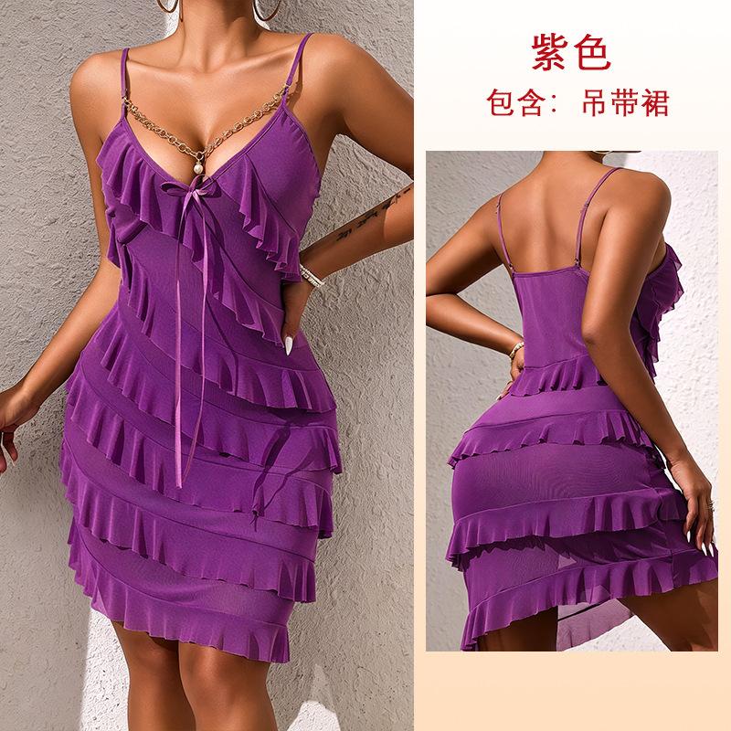 European and American women's chain decorative sexy mesh suspender dress multi-layer ruffle edge hip skirt 891