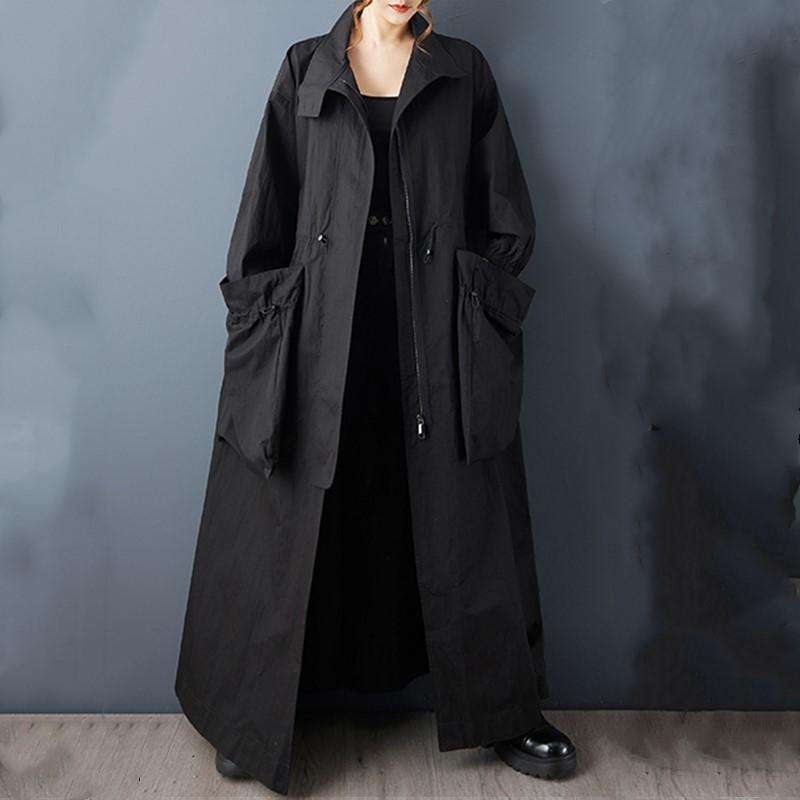 Übergroßer Vintage-Trenchcoat mit langen Ärmeln, schwarz, lässig, locker, für Herbst, Frühling, Winter, Oberbekleidung für Damen