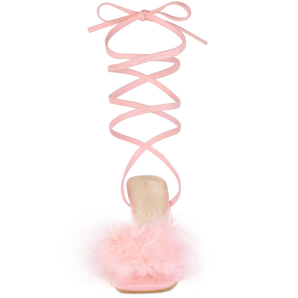 Allegra K Women's Faux Fur Slingback Block Heel Lace-Up Sandals, Pink, Size 23.0cm
