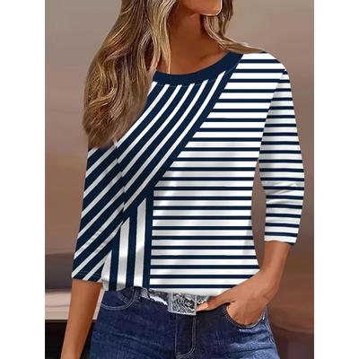 Camiseta Casual de Manga Larga para Mujer - Rayas Verticales por Toda la Prenda, Lavable a Máquina, Corte Regular para Primavera Verano Otoño, Ropa Casual Versátil