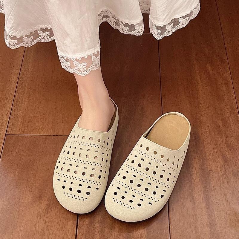 Spring and summer 2025 new retro versatile flat-bottomed Boken bag head slippers women's hollowed-out one-pedal soft-soled half slippers