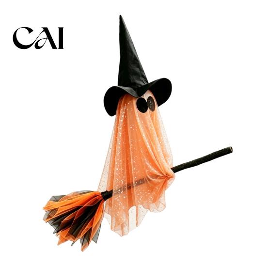 Decorative Broomstick with Ghost Mask Halloween Witch Broom Hanging Ornament, Spooky Hat Creepy Bar Ceiling Decoration Pendants for Indoor Outdoor