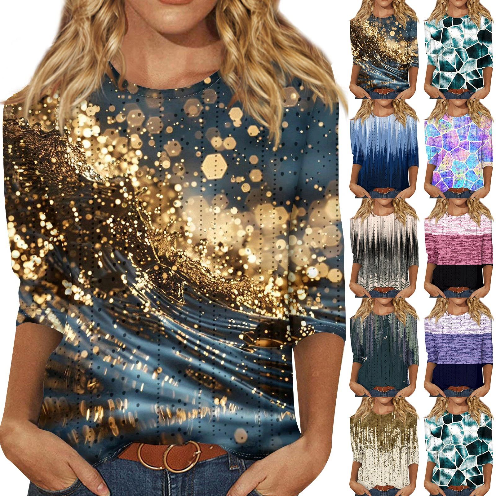 

Женская рубашка с рукавами три четверти в нерегулярные полосы с принтом, свободная повседневная футболка с круглым вырезом