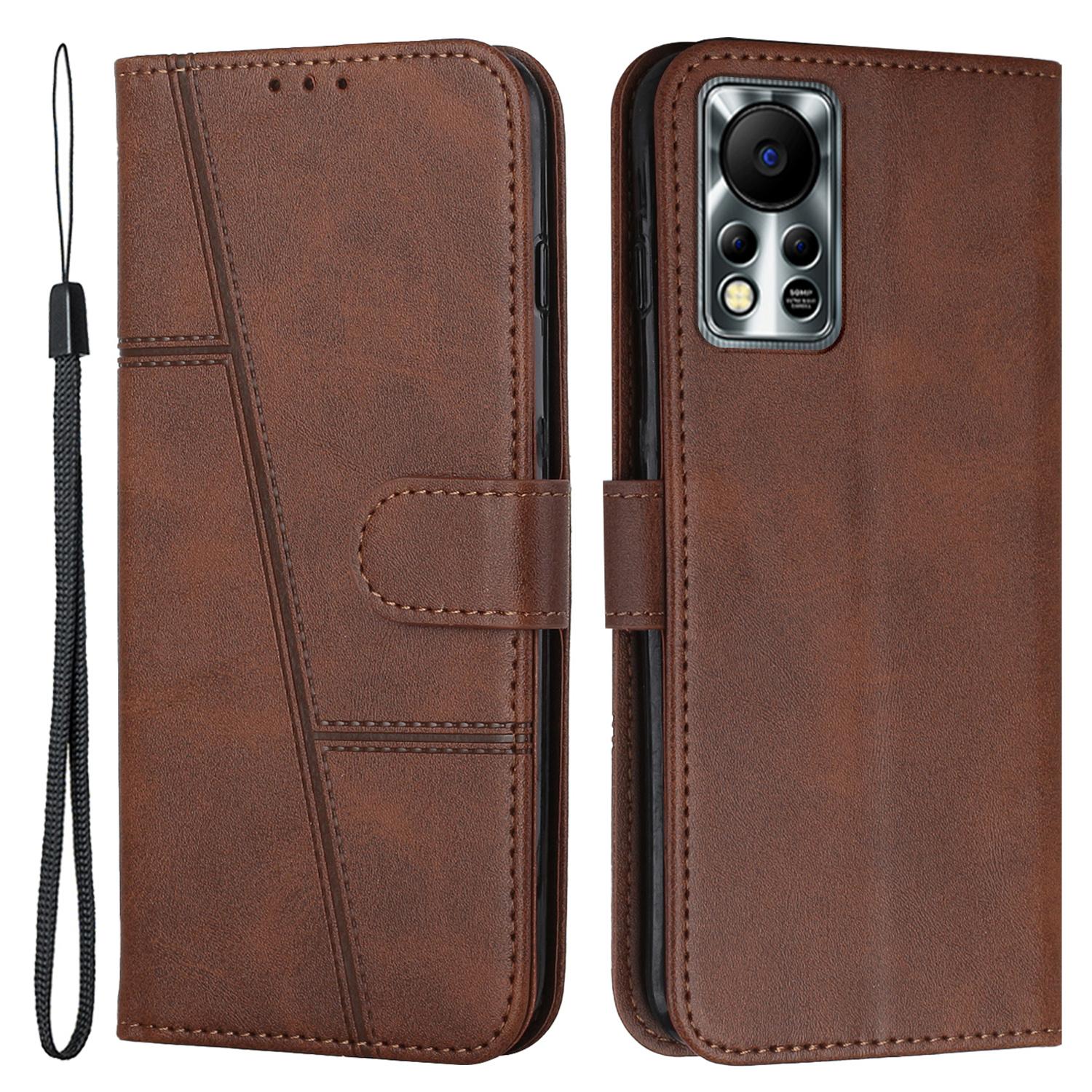 

For Infinix Hot 11s NFC 4G Stitching PU Leather Flip Phone Case Stand Full Body Protective Wallet Cover with Strap Brown