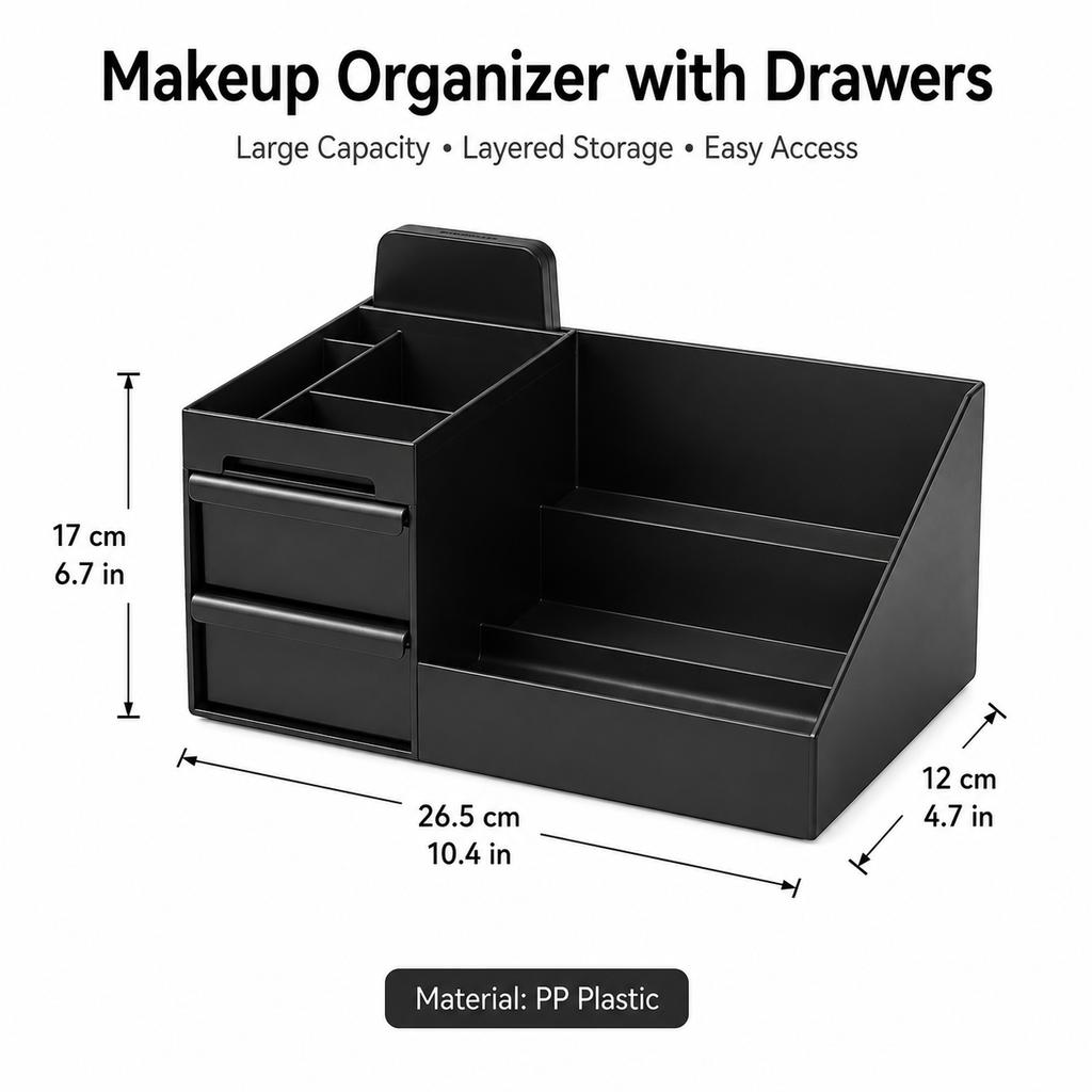 Desktop Makeup Organizer with Drawers Black PP Cosmetic Storage Box Lipstick Holder for Bathroom Vanity