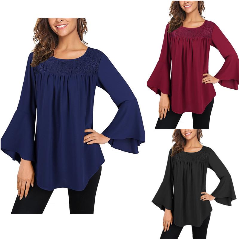 Buy Women Blouse Chiffon Lace Long Sleeve Ladies T Shirt Casual Loose ...