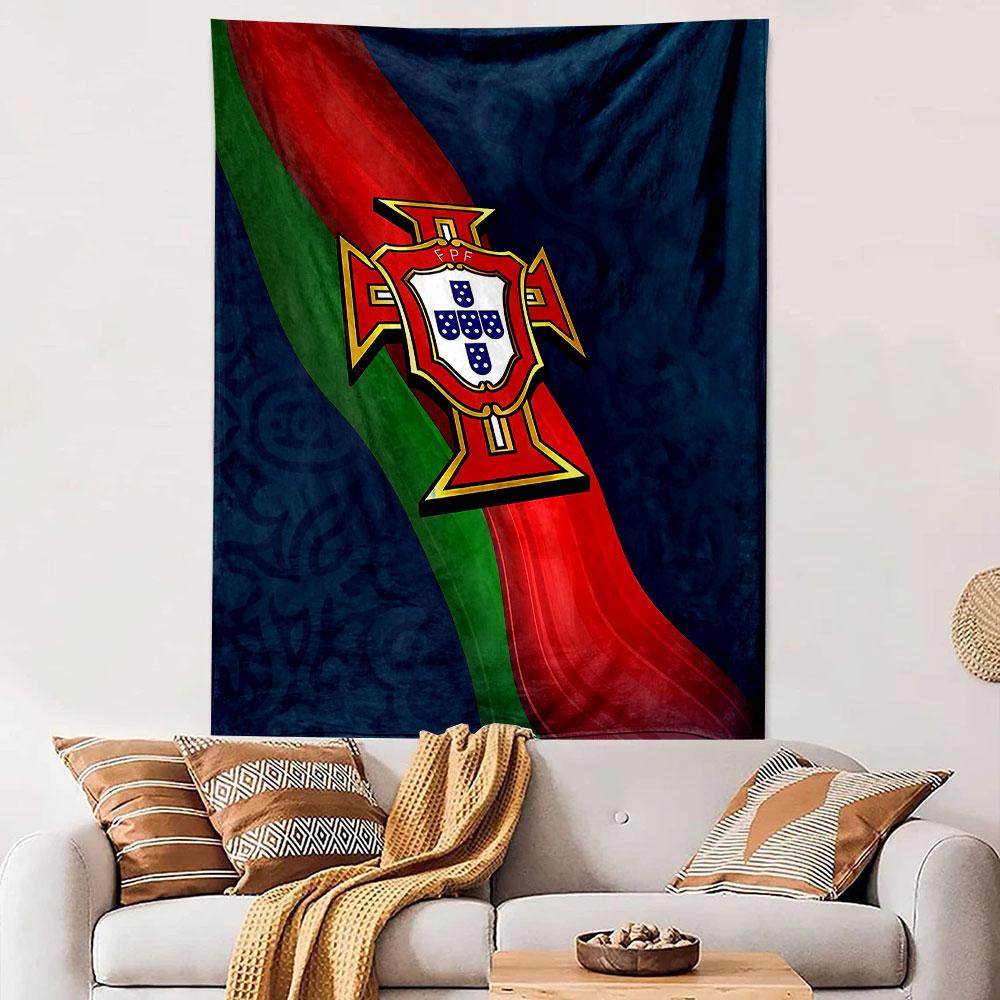 Portugal National Football Team Crest Wall Tapestry FPF Red Green Emblem Fan Decor for Bedroom Man Cave Gift