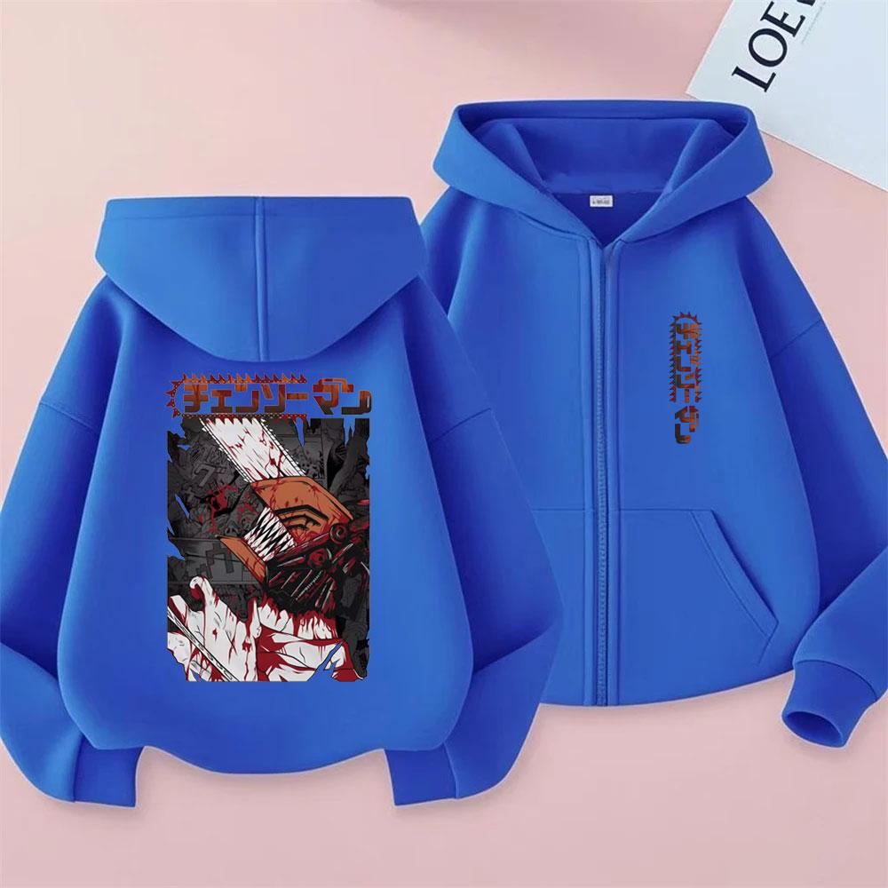 Japanischer Anime Chainsaw Man Denji Pochita Doppelseitiger Druck Reißverschluss-Hoodie Herren Damen Mode Manga Übergroße Zip-Up-Jacke Mantel