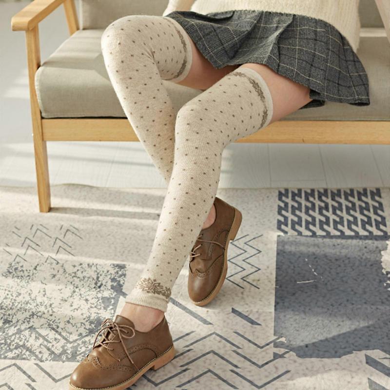 Women Winter Faux Wool Long Leg Warmers Snowflake Dots Knit Warm Over Knee Socks  Navy Blue