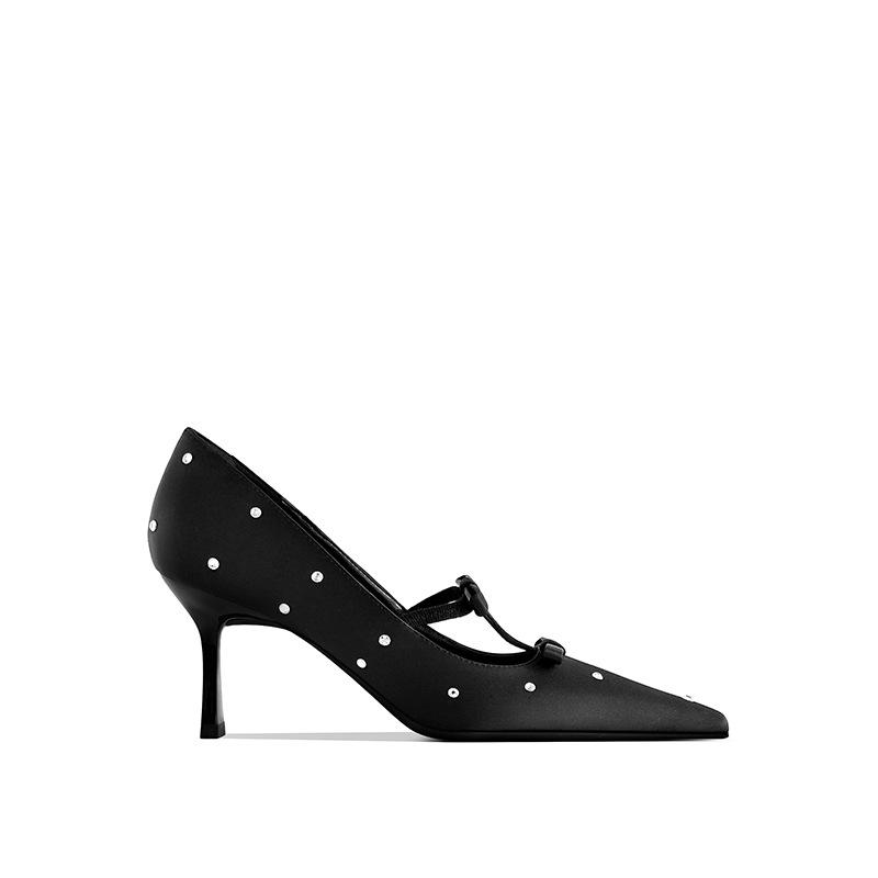 Luxury Sandals Women Designers Dot Rhinestone Bow Sexy Black High Heels Small Square Head Beautiful Light Mouth Backempty Shoes