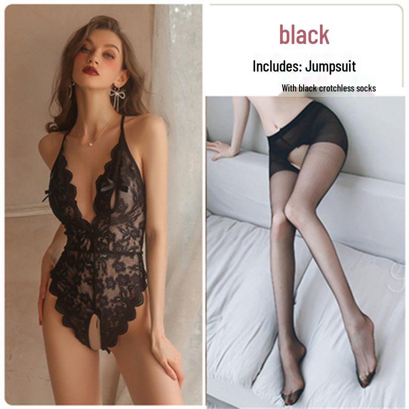 Pure Desire Lace Sleepwear Set: Sexy See-Through, Deep V, Backless, Open Crotch, Removable for Ultimate Temptation