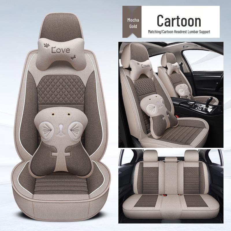 Universal Four Seasons Full Coverage Linen Seat Cushion Set for Small Cars