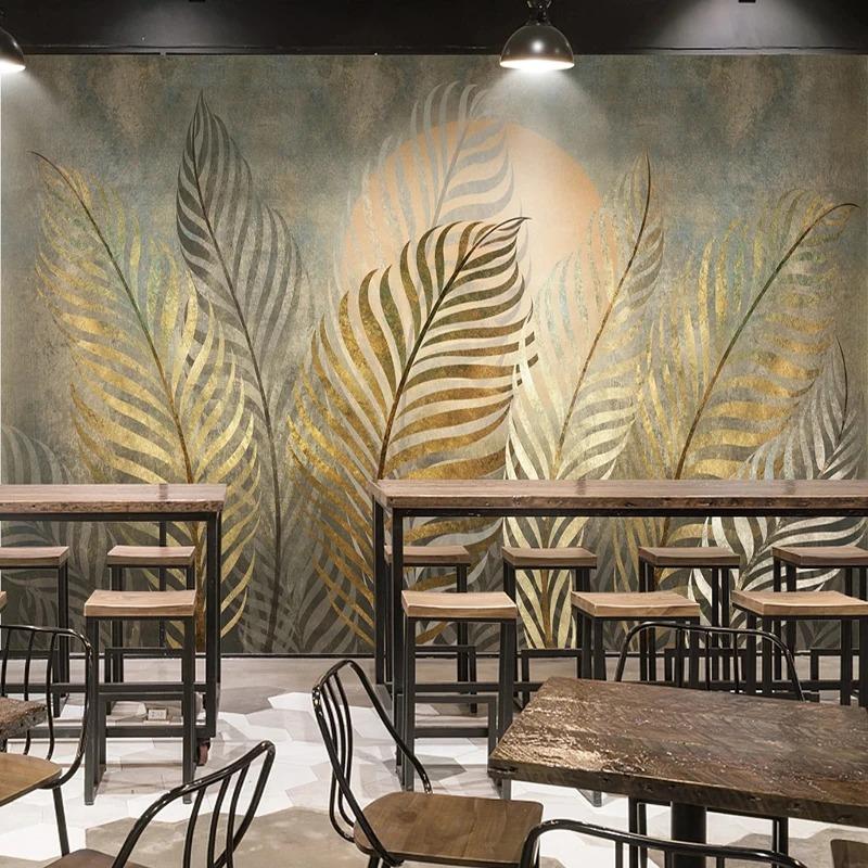 European Style 3d Murals Creative Retro Golden Leaf Wallpaper Restaurant Cafe Background Wall Paper Home Decor