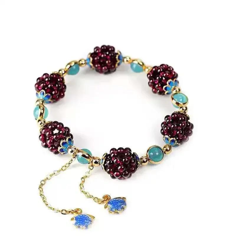 3mm Natural Garnet Flower Ball Crystal Bracelets Fashion Women Woven Transfer  Cloisonné Tassel Bangles Party Jewelry