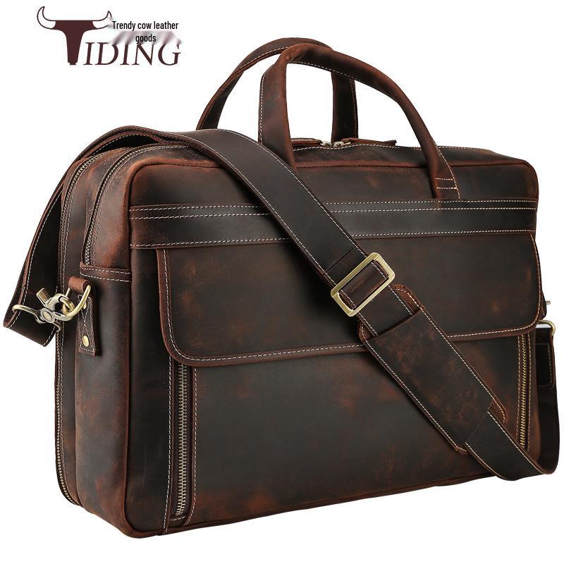 Genuine Leather Men's 17-inch Laptop Briefcase, Crossbody Cowhide Commuter Bag