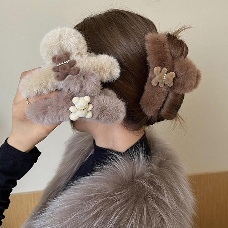 Morari Cute Teddy Bear Winter Rabbit Fur Hair Clip Beige