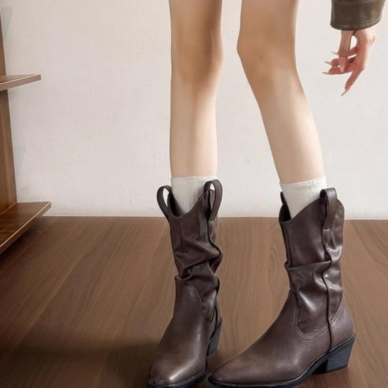 Cowhide version of new pleated leather stacking boots pointed western cowboy short boots look thin
