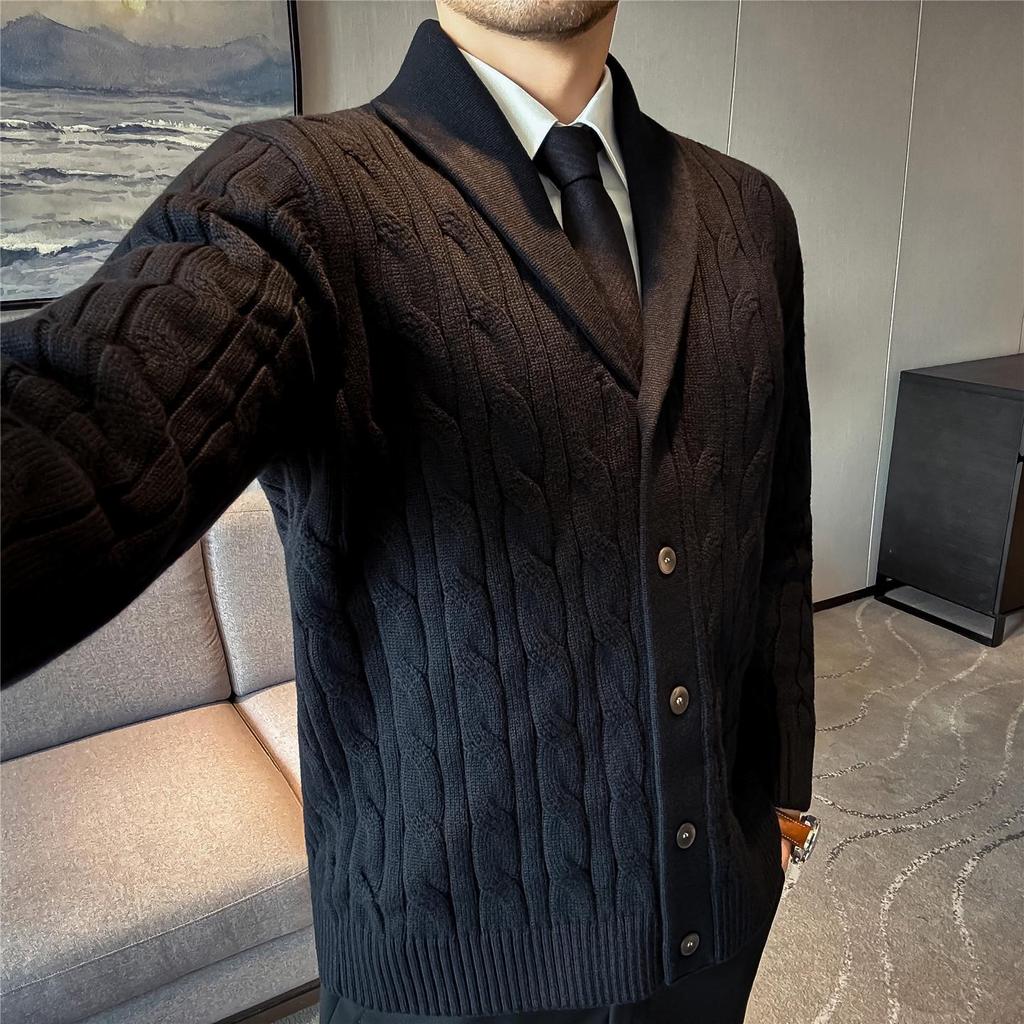 Men's High-End Cable Knit Cardigan Sweater - Light Luxury Old Money Style for Autumn and Winter.