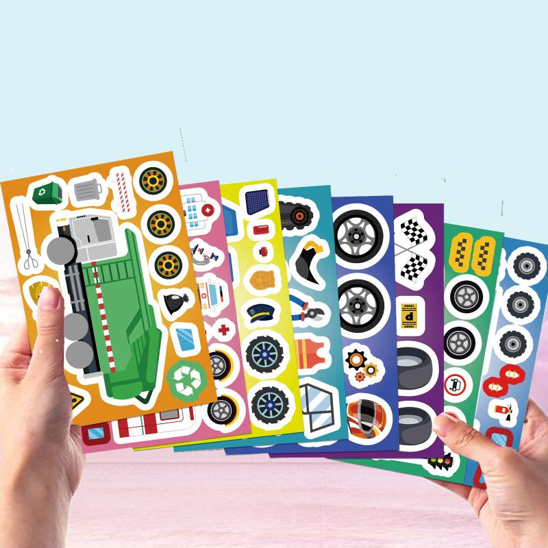 8 Sheets Motorcycle Excavator Various Vehicle Combinations Diy Decal Fire Truck Ambulance Puzzle Stickers Gifts Decoration